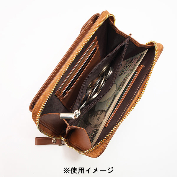 ハンドメイド　レザー スマホ入れ付き財布 キャメル 受注製作＞スマホも入る 本革お財布ショルダー（キャメル×ベージュ
